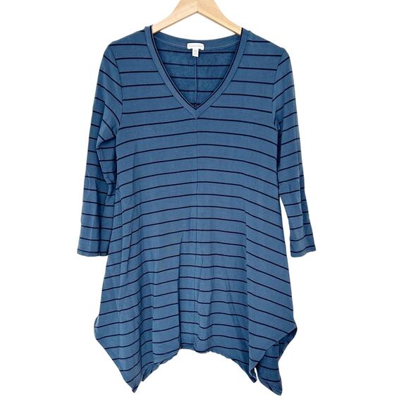 Garnet Hill Blue Black Striped Asymmetrical 3/4 Sleeve Shirt Sz XS - Picture 1 of 4